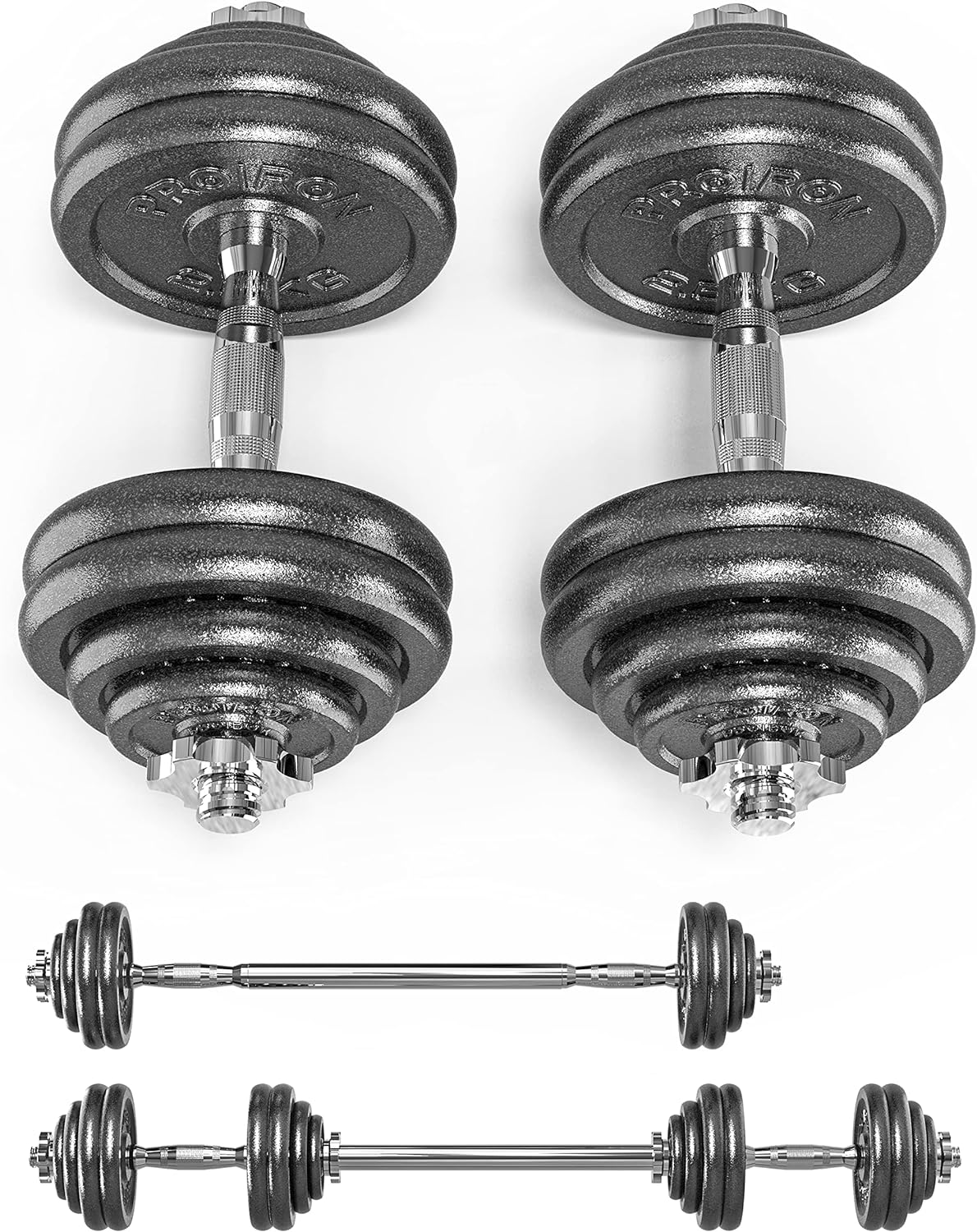 PROIRON Kit de Mancuernas Ajustables de Hierro Fundido - Juego de Pesas con Barra Conexion para Halterofilia, Culturismo, Aptitud, Ejercicios Gimnasio en Casa