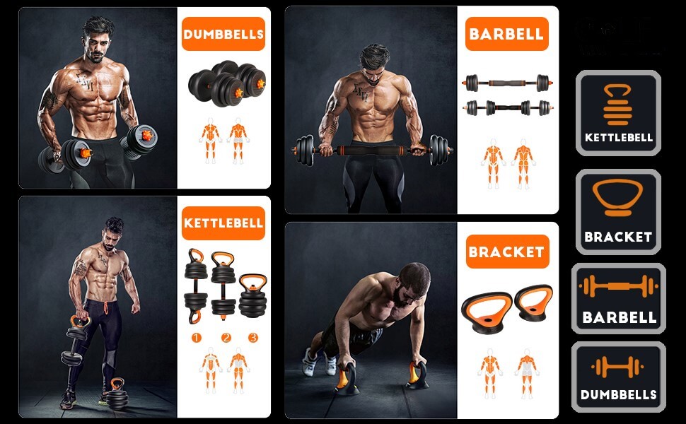 CCLIFE pesas ajustables, kit de pesas modulables, mancuernas 10 kg, mancuernas 5 kg, kettlebells ajustables, barras, discos de pesas.